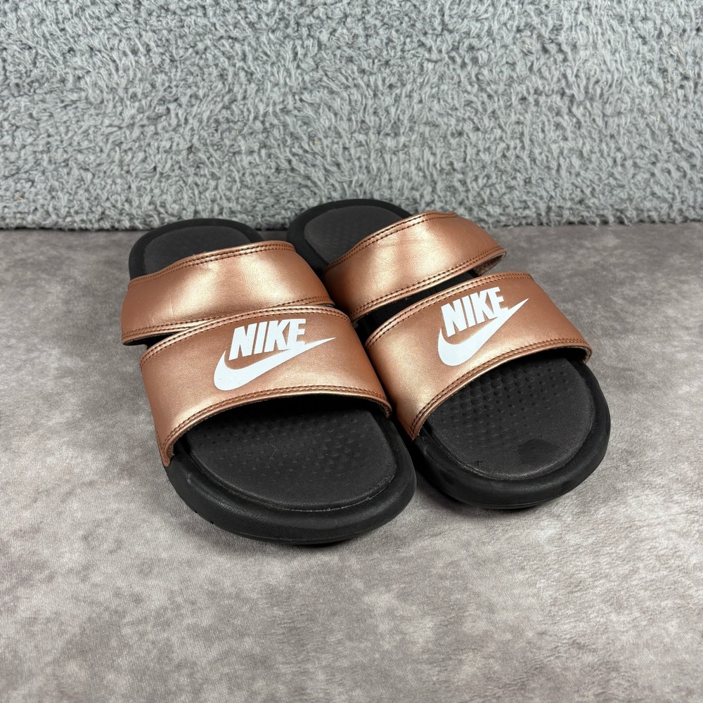 Nike Slides Women 7 Rose Gold Benassi Duo Ultra Metallic Double Strap Sandals